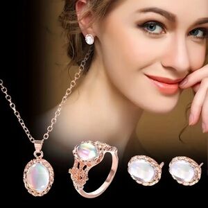 Delicate Oval Shaped Stud Earrings + Necklace + Ring Iron Jewelry Set